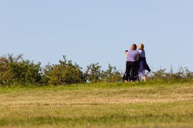 İnsanlar ufukta çimlerde yürür