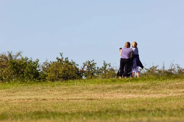 İnsanlar ufukta çimlerde yürür