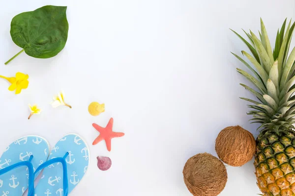 Tropikal meyve ananas, hindistancevizi, terlik, kabukları ve deniz yıldızı ile kompozisyon. Yaz tatil arka plan kavramı. üstten görünüm, düz yatıyordu