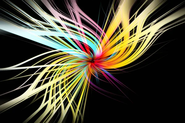 Striped technology, hi-tech or sci-fi background, abstract computer generated image. Fractal geometry: pink, blue, yellow, red spiral with curled rays. For desktop wallpaper or web design.