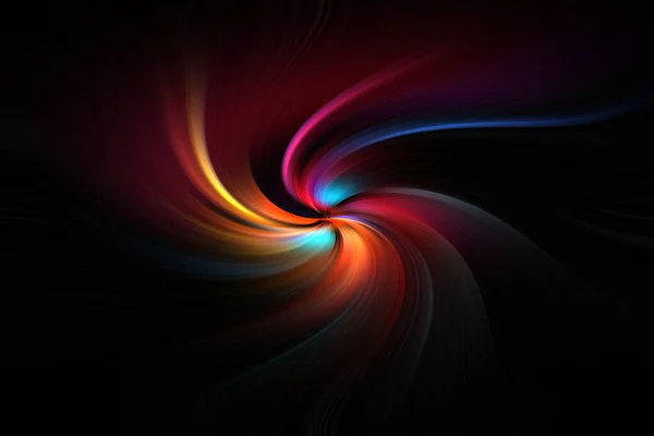 Striped technology, hi-tech or sci-fi background, abstract computer generated image. Fractal geometry: black, blue, yellow, red spiral with curled rays. For desktop wallpaper or web design.