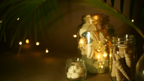 Glass jar of tropical shells for home decor. Marine style home accessories for beach themed interior decorating. — Stock Video