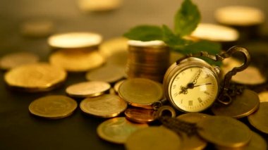 Yönetimi verimliliği, vakit nakittir. Vintage cep saati altın sikke yığını ve yaprak yeşil, siyah arka plan ile. Finans iş başarısı için zaman. Yatırım, iş finansal fikirler kavramı