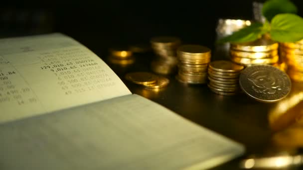 Coins Stack und Sparkonto passbook.concepts für Hypotheken- und Immobilieninvestitionen, zum Sparen oder Anlegen — Stockvideo