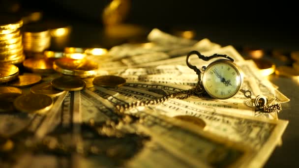 Management efficiency. Stacks of golden coins dollar notes on black background. Success of finance business, investment — Stock Video