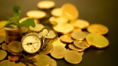 Yönetimi verimliliği, vakit nakittir. Vintage cep saati altın sikke yığını ve yaprak yeşil, siyah arka plan ile. Finans iş başarısı için zaman. Yatırım, iş finansal fikirler kavramı