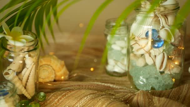 Vaso di vetro pieno di conchiglie, coralli, oggetti marini con luci bokeh, fiori di plumeria frangipani per arredamento — Video Stock