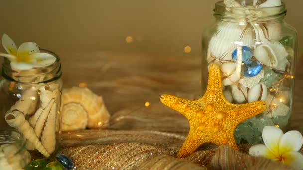 Frasco de vidro cheio de conchas, corais, itens marinhos com luzes bokeh, plumeria estrela do mar flores frangipani para decoração — Vídeo de Stock