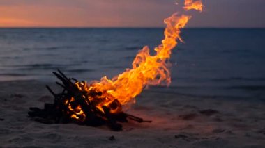 Alev alev yanan plajda, yaz akşam kamp ateşi. Arka plan olarak doğada şenlik ateşi. Ahşap beyaz kum kıyısında günbatımında yanan.