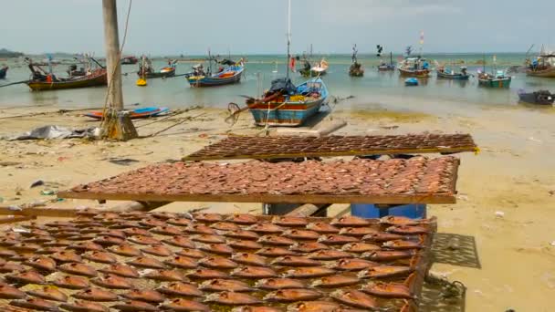 Trópusi ocean beach, fából készült hagyományos színes csónak kikötve. Seascape ázsiai szegény muszlim halász falu közelében — Stock videók