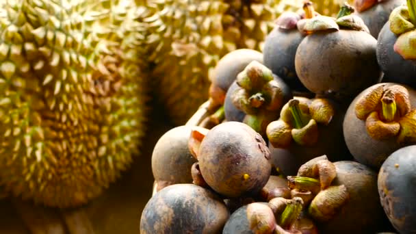 Temporada mista tropical doce suculento Frutas, mercado local Tailândia. Mês grande Durian e Mangosteen — Vídeo de Stock