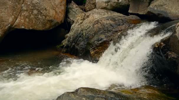 Magische rivier met rotsen. Snel rotsachtige duidelijke crystal stream met stroomversnellingen. Stoom met cascades. Spatten van vallende water. — Stockvideo