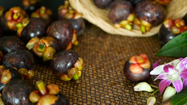 Vista dall'alto di mangostani freschi e deliziosi raccolti sul tavolo di legno. Thai frutta viola biologica nel cesto . — Video Stock