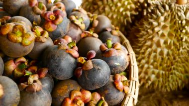 Sezon tropikal tatlı sulu meyve, yerel Tayland Pazar karışık. Büyük Monthong Durian ve Mangosteen