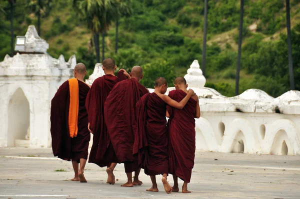 Monjes Del Templo Caminando Aire Libre Vista Trasera Del Grupo —  Fotos de Stock