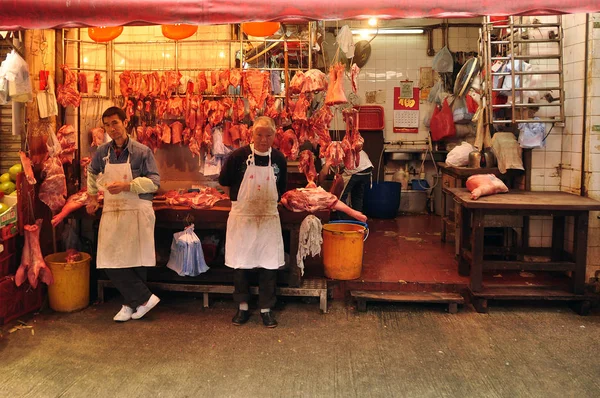 Hong Kong 22Th February 2015 Carniceiro Étnico Loja Homens Avental — Fotografia de Stock