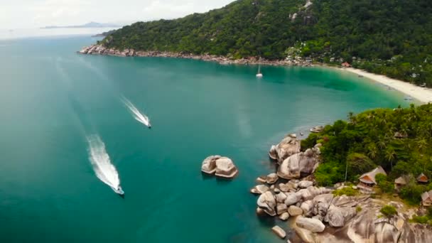 Vue aérienne sur la côte exotique tropicale de sable blanc de Koh Prangan, Thaïlande. Petits bateaux à la surface de l'océan. Mignonne plage reculée avec des pierres volcaniques et cocotiers verts — Video