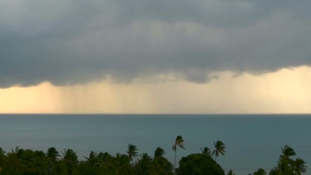 戏剧性的阴郁天空, 绿松石海上空有黑暗的雷雨云。飓风在海洋地平线上。生动的空中时光流逝的风暴雨海景的美丽景色。热带降雨季节台风天气 — 图库视频影像