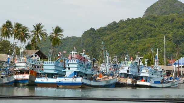 泰国 khanome-2018年底。海岸上锈迹斑斑的船。旧的锈迹斑斑的船只停在渔人市的港口。钓鱼鱿鱼产业。传统亚洲。破坏海洋资源的情况 — 图库视频影像