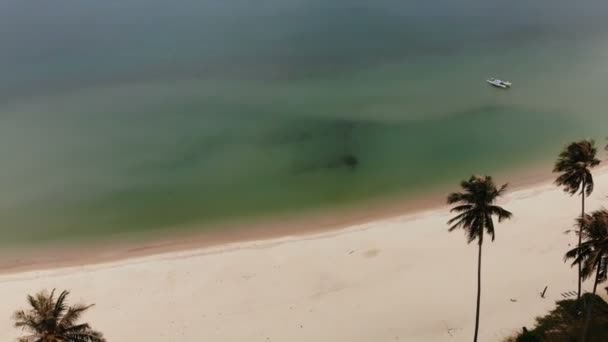 Vista aérea de drones al océano verde con bote pequeño y costa de arena blanca con plantas tropicales en Tailandia. Cocunut Palms en la playa exótica — Vídeo de stock
