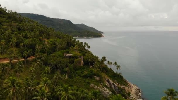 Воздушный беспилотник с видом на экзотический рай тропических прибрежных скал с вулканическими камнями, покрытыми зелеными джунглями тропических лесов и кокосовых пальм, омываемых спокойным океаном или морем, остров Пранган, Таиланд . — стоковое видео