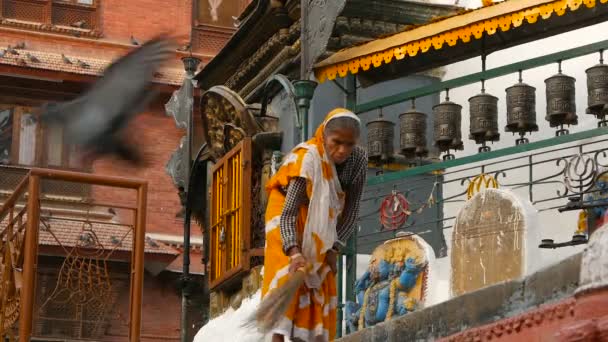 KATHMANDU, NEPAL - 8 EKİM 2018 Tapınak merdivenlerini süpüren yaşlı kadın. Renkli, geleneksel Hint kumaşlı yaşlı kadın, Swayambhunath Stupa. Kutsal Pagoda, sembol. Gün batımı ligth — Stok video