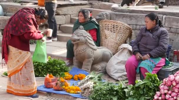 BHAKTAPUR, KATHMANDU, NEPAL - 18. října 2018 Asijci prodávají zboží v národním oblečení, ranní trh s chrámem ovocné zeleniny. Denní pouliční obchod život, orientální starobylé město po zemětřesení. — Stock video