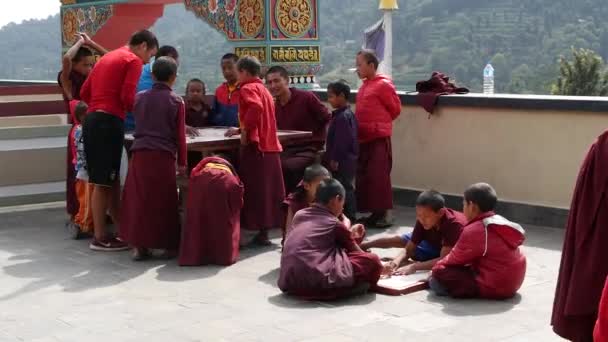 BHAKTAPUR, KATHMANDU, NEPAL - 18 Oktober 2018 Anak-anak muda yang ceria bermain permainan meja di halaman kuil. Tersenyum biarawan Budha di biara anak-anak di Asia berjubah . — Stok Video
