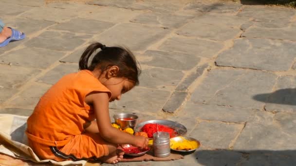 KATHMANDU, NEPAL - 8. října 2018 Boční pohled na malou etnickou dívku prodávající různé náboženské atributy, sedící na kamenné dlažbě chrámu. ghats v pašupatinathu. hinduistický tradiční zvyk. — Stock video