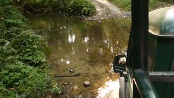 Auto rijden door ondiepe creek. Uitzicht op ondiepe rivier van de kruising van auto tijdens het rijden op externe weg in bos van Chitwan Nationaal Safari Park in Nepal. — Stockvideo