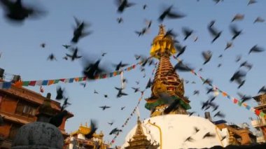 Renkli dua wawing rüzgarda Stupa Tapınağı, kutsal Pagoda, Nepal ve Katmandu Buda gözlü sembolü üzerinde işaretler. Gün batımı ligth. Tibet Budizmi. Antik mimari üzerinde uçan güvercinler