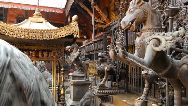 Sculture e manufatti mitologici antichi in bronzo e ottone, Rudra Varna Mahavihar, unico tempio buddista d'oro a Lalitpur, Patan. Patrimonio dell'umanità. Buddismo tibetano. Piazza Durbar, Nepal . — Video Stock