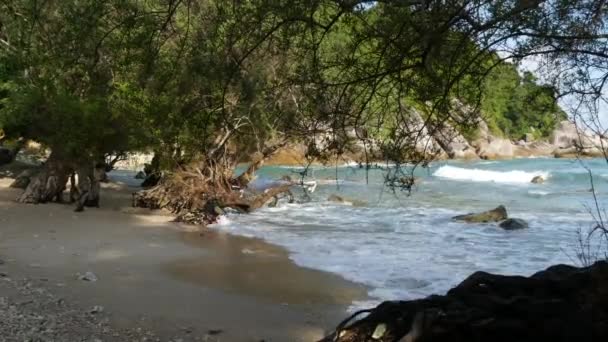 Groene klif in de buurt van prachtige zee. Majestueuze blauwe zee kabbelt in de buurt van ruwe groene klif van Ko Phangan op zonnige dag in Thailand. Exotisch tropisch paradijs strand. — Stockvideo