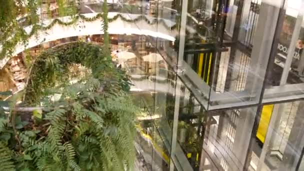 Бангкок, Таїланд - 18 грудня, 2018 The Emquartier розкішний торговий центр. Дизайну концепцію екологічно чистих Молл, зеленому. висячий сад футуристичний Еко архітектури. Сучасне місто. Ескалатор — стокове відео