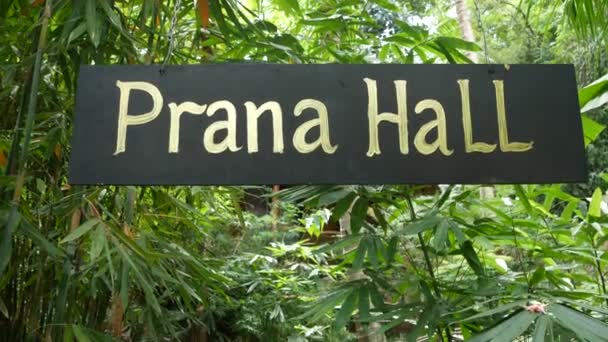 Tanda tangan dengan tulisan dekat tanaman tropis. Tanda fasilitas untuk yoga dan meditasi dengan Prana Hall menulis tergantung di dekat tanaman eksotis hijau di kebun. — Stok Video