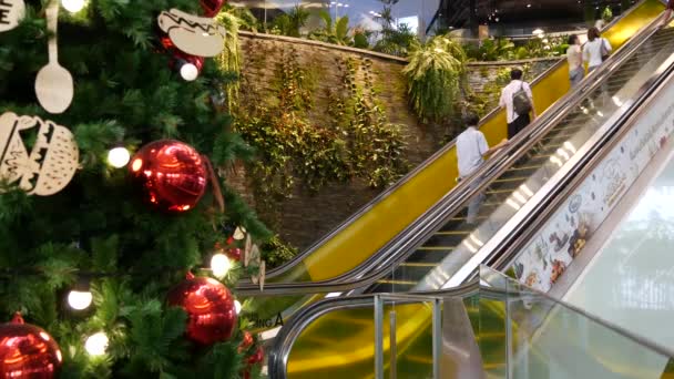 BANGKOK, THAILAND - 18. DEZEMBER 2018: EmQuartier asiatische Shopping Mall Interieur. Die Menschen auf den Rolltreppen des Handelszentrums eilen zum Einkaufen, dem modernen zeitgenössischen Platz. Weihnachtsdekoration. Neujahrsbaum. — Stockvideo