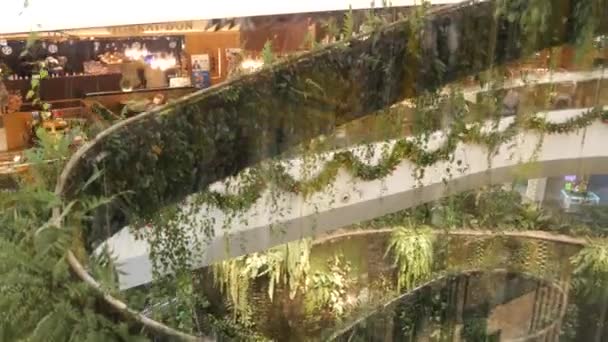 BANGKOK, THAILANDIA - 18 DICEMBRE 2018 Il lussuoso centro commerciale Emquartier. Progettazione di centro commerciale, concetto ecologico verde. giardino pensile futuristica architettura eco. Città moderna. Scala mobile — Video Stock