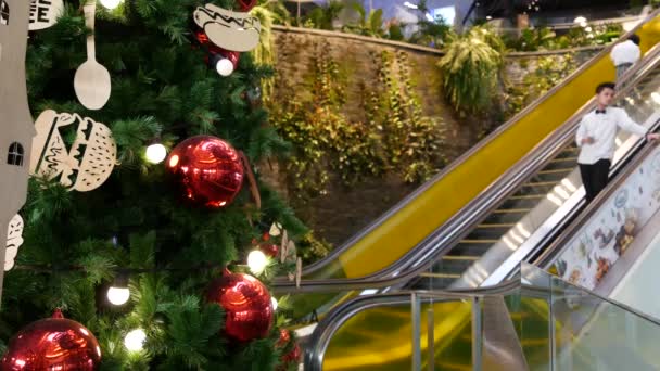 BANGKOK, THAILAND - 18. DEZEMBER 2018: EmQuartier asiatische Shopping Mall Interieur. Die Menschen auf den Rolltreppen des Handelszentrums eilen zum Einkaufen, dem modernen zeitgenössischen Platz. Weihnachtsdekoration. Neujahrsbaum. — Stockvideo