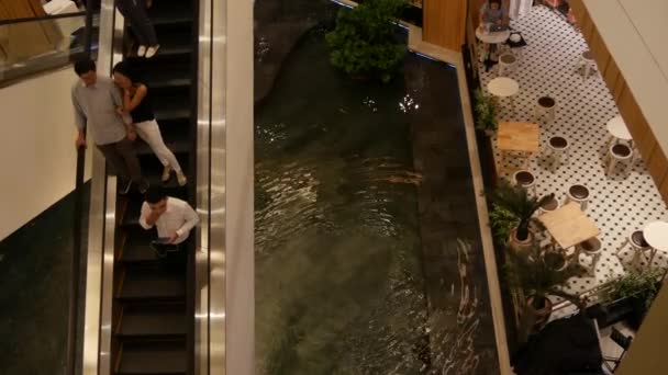 BANGKOK, TAILANDIA - 18 DE DICIEMBRE DE 2018: centro comercial asiático interior. Personas en escaleras mecánicas del centro comercial. La gente se apresura a ir de compras en plaza moderna. Consumo de bienes. Café en el centro comercial. — Vídeos de Stock