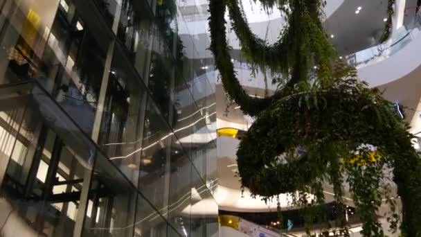 BANGKOK, TAILANDIA - 18 DICIEMBRE, 2018 El centro comercial de lujo Emquartier. Diseño de centro comercial, concepto ecológico. jardín colgante arquitectura ecológica futurista. Ciudad moderna. Escalera mecánica — Vídeo de stock