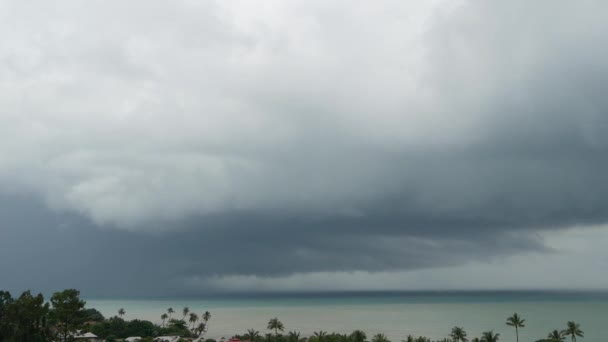 Dramatyczne ponure niebo z ciemnym burza z piorunami chmury nad turkusowe morze. Huragan na horyzoncie. Żywe antenowe timelapse piękny widok burza deszcz seascape. Pogoda tajfun sezon tropikalny deszcz — Wideo stockowe