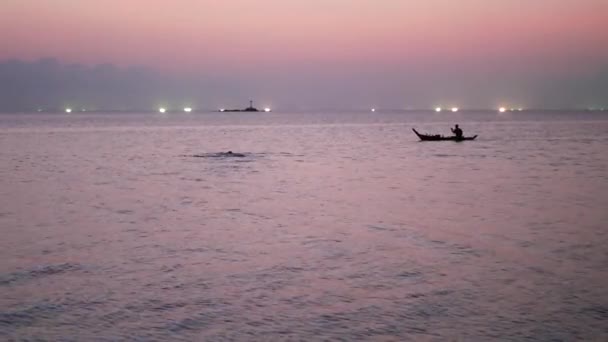 Persona en shallop entre luces de buques pesqueros en el mar al atardecer. Pintoresca vista del envío de la silueta en shallop y luces de barcos de pesca flotando en el agua y hermoso cielo rosa por la noche . — Vídeos de Stock