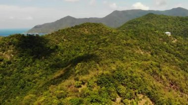 Adada tropikal orman. Şaşırtıcı tropik adanın dağ sırtında yeşil orman Fantastik drone görünümü. Mavi deniz. Yağmur ormanlarının egzotik cennet panoraması.