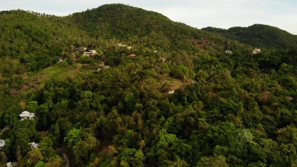 Villas sur la crête verdoyante de montagne. Majestueuse vue sur drone de villas de luxe situées sur une chaîne de montagnes verdoyantes sur une île exotique paradisiaque . — Video