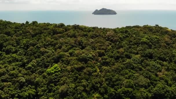 Vista aérea del dron pequeña isla de Koh Ma, Ko Phangan Tailandia. Paisaje panorámico de costa exótica, playa de Mae Haad, día de verano. Camino de arena entre corales. Paisaje marino vivo, palmeras de coco de montaña desde arriba — Vídeo de stock