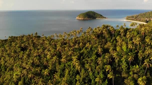 Antenni näkymä pieni Koh Ma saari, Ko Phangan Thaimaa. Eksoottinen rannikko panoraama maisema, Mae Haad ranta, kesäpäivä. Hiekkapolku korallien välissä. Elävä merimaisema, vuorikookospalmut ylhäältä — kuvapankkivideo