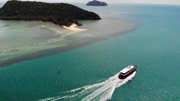 Denizde tropikal ada. Su yüzeyinin altında mercanlar ile sakin mavi denizin ortasında yeşil tropik adanın Harika drone görünümü. — Stok video