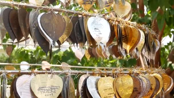 Metal leaves with wishes near temple. Rack with traditional metal leaves with wishes located near tree in yard of temple in Thailand. — Stock Video