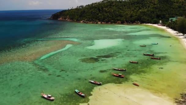 Σκάφη κοντά στην ακτή του νησιού. Παραδοσιακά πολύχρωμα αλιευτικά σκάφη επιπλέουν σε ήρεμα μπλε νερά κοντά στην ακτή λευκή άμμο του τροπικού εξωτικού παραδείσου νησί. Θέα μέσα από πράσινα φύλλα φοίνικα. Κοχ Φάνγκαν. — Αρχείο Βίντεο