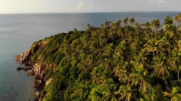 Légi drón kilátás kis Koh Ma sziget, Ko Phangan Thaiföld. Egzotikus tengerparti panoráma táj, Mae Haad strand, nyári nap. Homokos ösvény korallok között. Élénk látványosság, hegyi kókuszpálmák fentről — Stock videók